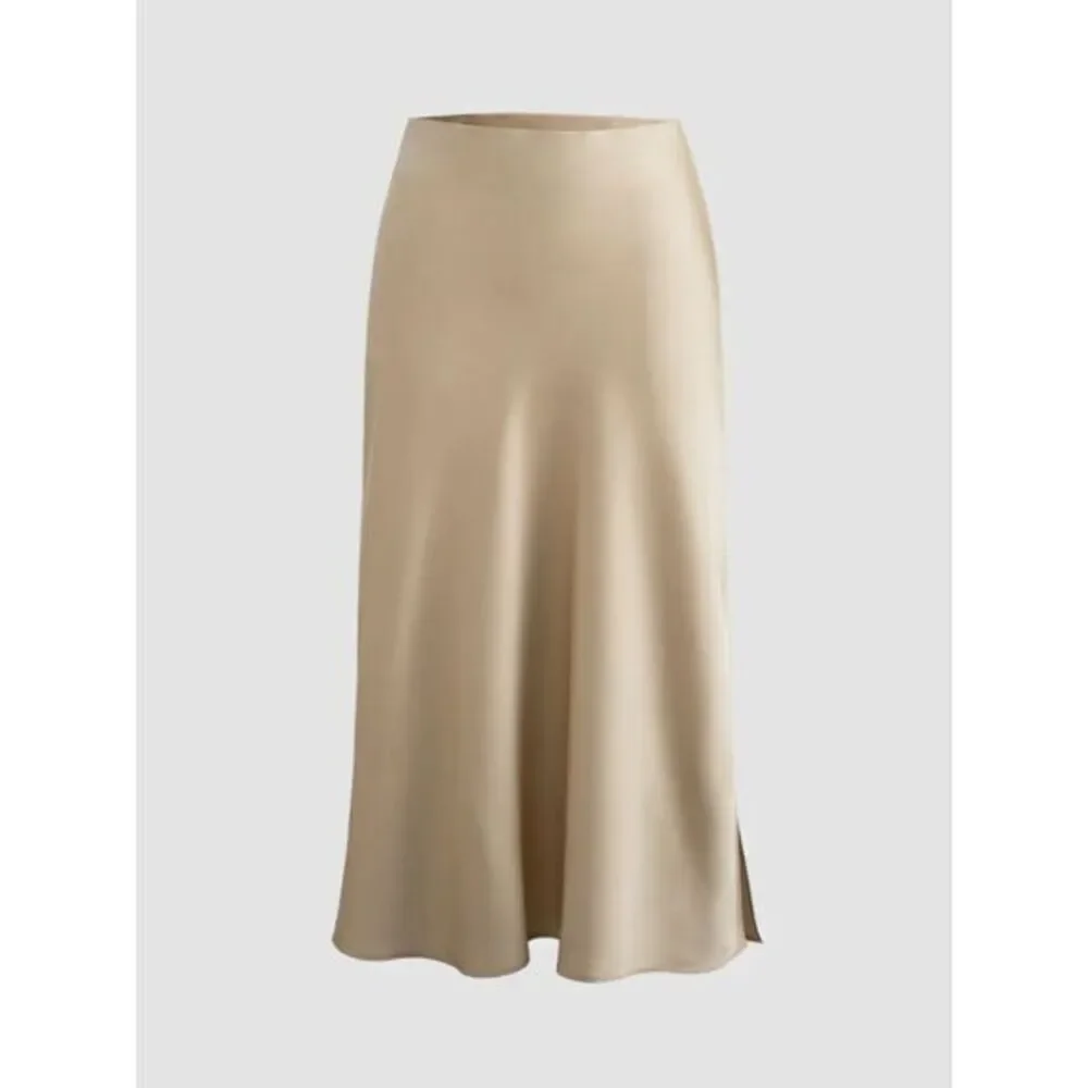 Commense Creamy Cappuccino Satin Midi Skirt with Side Slit Flowy A-Line Design L